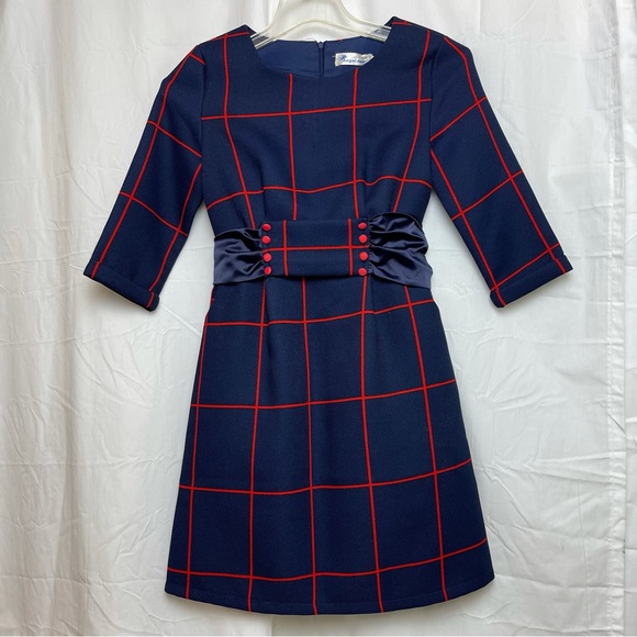 Angel Feng Mod Style Dress 3/4 Cuff Sleeve Sash Tie Back Size Medium Navy Red - Picture 2 of 5